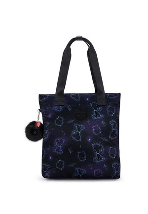 Sac en toile noir avec un imprimé cosmique présentant des illustrations de Snoopy bleues, un porte-clés en pompon de fourrure noire texturée et de solides poignées noires.