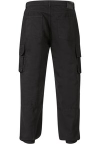 Pantalons cargo noirs avec deux poches latérales, deux poches arrière, une coupe droite et un tissu en mélange de coton lisse.