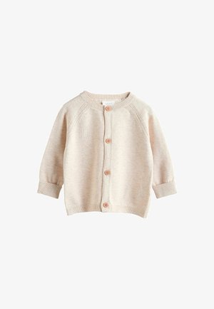 Lichtbeige gebreide cardigan met een ronde hals, knoopsluiting aan de voorkant, geribde manchetten en een gestructureerde stof.