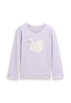 Fioletowa koszula z długim rękawem i okrągłym dekoltem z grafiką białego łabędzia z zamkniętymi oczami z przodu.