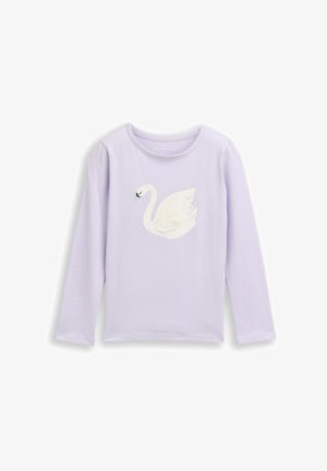 Fioletowa koszula z długim rękawem i okrągłym dekoltem z grafiką białego łabędzia z zamkniętymi oczami z przodu.