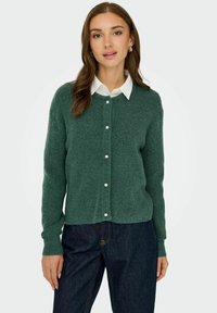 Zielony dziany kardigan o żebrowej fakturze, okrągłym dekolcie i perłowymi guzikami. Noszony na białej koszuli z kołnierzykiem, z długimi rękawami.