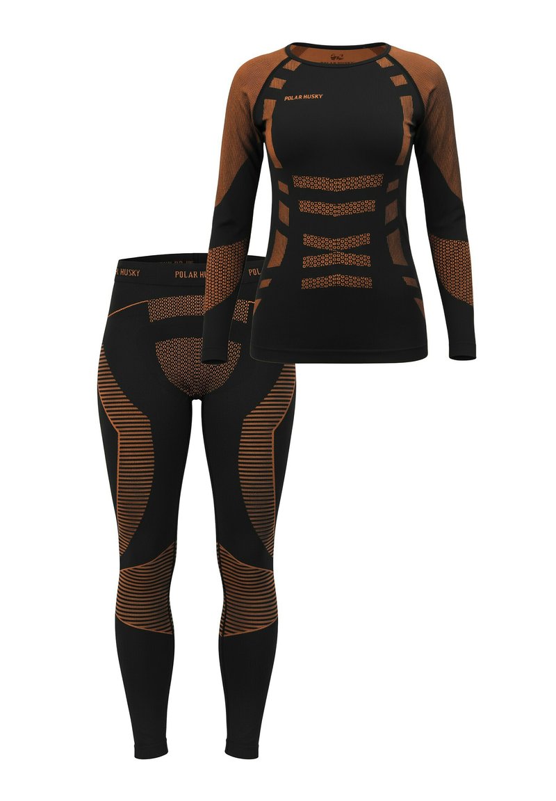 Black thermal set with long sleeves and leggings. Features orange accents, textured designs, and a snug fit for comfort and warmth.