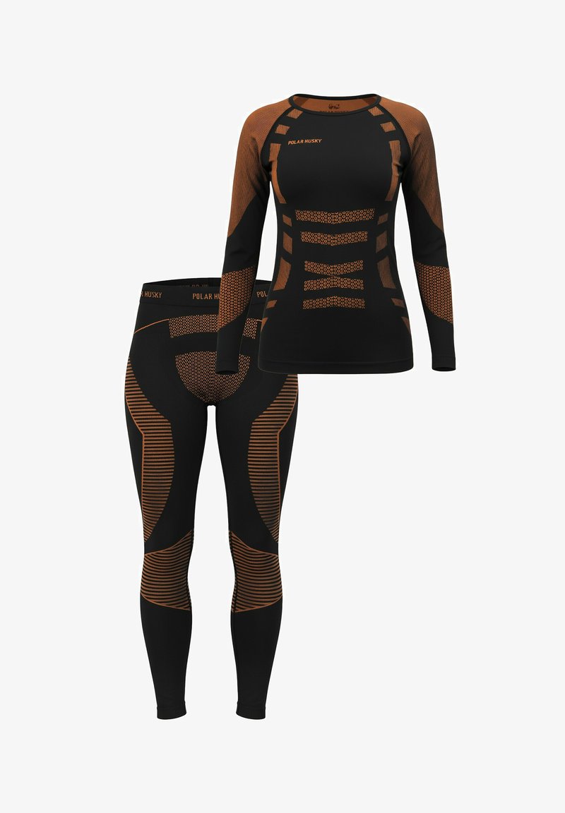 Schwarzes Thermo-Set mit langärmligem Oberteil und Leggings. Mit orangen Akzenten, strukturierten Designs und einer engen Passform für Komfort und Wärme.