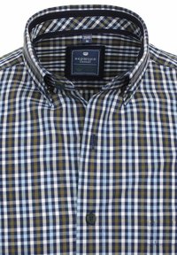Rodemond casuele overhemd, met button-down kraag, van katoen, met een blauw, wit en olijfcheckpatroon, met een enkele borstzak en marineblauwe accenten.