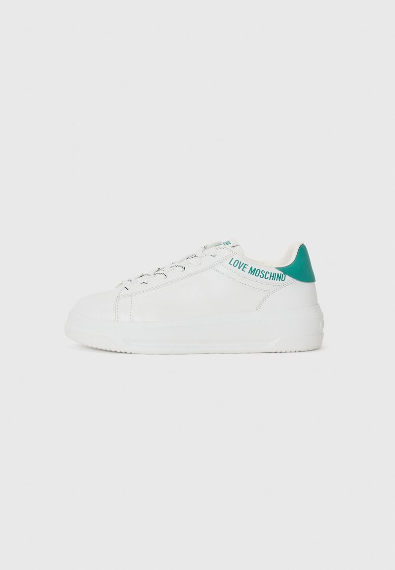 White leather sneaker with a rounded toe, turquoise heel accent, and "LOVE MOSCHINO" branding on the back. Flat rubber sole.
