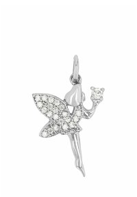 Ciondolo in argento a forma di fata con accenti di zirconia cubica scintillante, caratterizzato da ali dettagliate e un braccio sollevato che tiene un gemma. Finitura lucida.