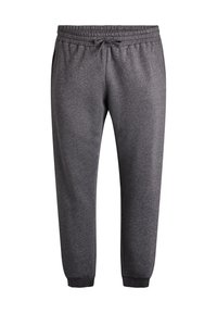 Pantalones de chándal grises con cintura elástica y cordón, puños ajustados y una tela suave y texturizada. No hay bolsillos visibles.
