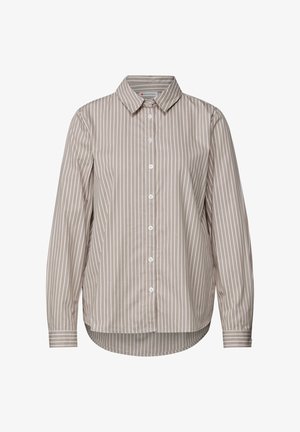Beige Langarmhemd mit weißen vertikalen Streifen, klassischem Kragen und leicht abgerundetem Saum.