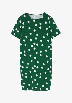 Zelena kratkotrajna obleka iz gladkega materiala, ki ima vzorec pikic z belimi pikami različnih velikosti na površini.