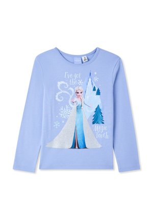 Maglietta azzurra a maniche lunghe con Elsa di Frozen, fiocchi di neve, castello ghiacciato, alberi di pino e la scritta "Ho il tocco magico."