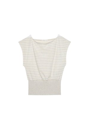 Haut pour femme à manches courtes avec des rayures horizontales beige clair et blanches, une large taille et un col arrondi.