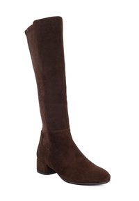 Brown suede knee-high boot with a slightly rounded toe and a low block heel. Smooth texture and fitted design with a minimalist silhouette.