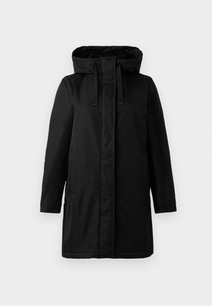 Sort hættetrøje med fuld længde lynlås, to sidelommer, lavet af glat, vandafvisende materiale, med blød indvendig foring og justerbare snore.