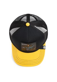 Black and yellow baseball cap with mesh back, featuring a scorpion patch and yellow button accent on the top. Curved visor design.