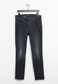 Dark denim jeans with a straight-leg design, five pockets, subtle fading, and a small metal button closure at the waist, hanging on a black hanger.