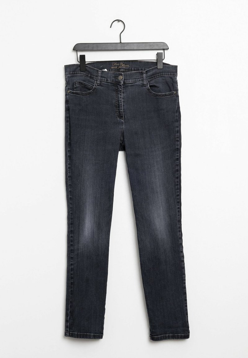Dark denim jeans with a straight-leg design, five pockets, subtle fading, and a small metal button closure at the waist, hanging on a black hanger.