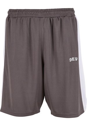Herres sports-shorts i grå mesh-stoff, elastisk midjebånd, hvite sidestreker, og "DEF" logo i hvitt nederst til venstre.