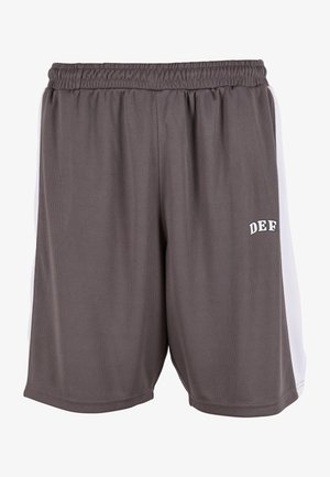 Moške športne kratke hlače, sivo mrežasto blago, elastičen pas, bele stranske črte in belo "DEF" logo na spodnjem levem delu.