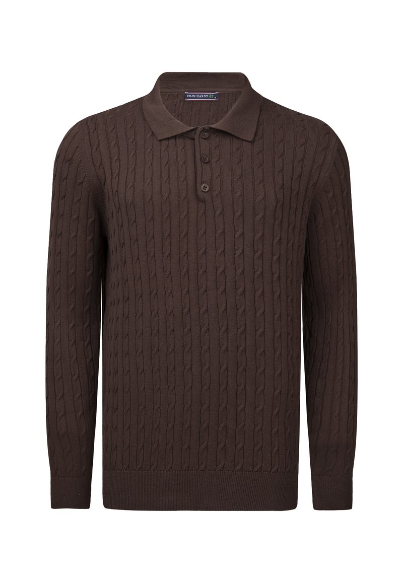 Braun gestrickter Polo-Pullover mit Zopfmuster, langen Ärmeln, Knopfleiste mit drei Knöpfen sowie gerippten Bündchen und Saum. Weicher Stoff und taillierter Schnitt.