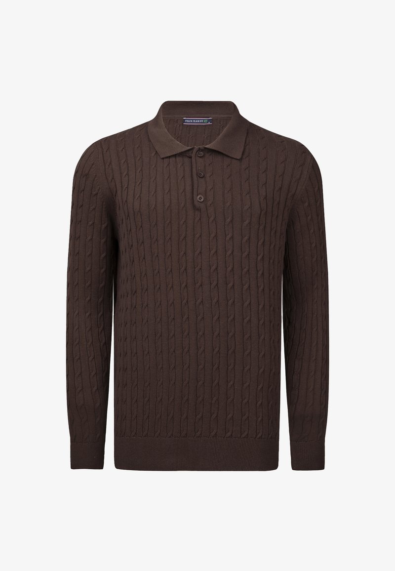 Braun gestrickter Polo-Pullover mit Zopfmuster, langen Ärmeln, Knopfleiste mit drei Knöpfen sowie gerippten Bündchen und Saum. Weicher Stoff und taillierter Schnitt.