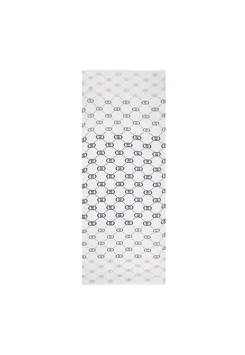 Tejido rectangular con una base blanca, que presenta un patrón repetido de formas ovaladas en azul oscuro y contornos punteados intercalados.