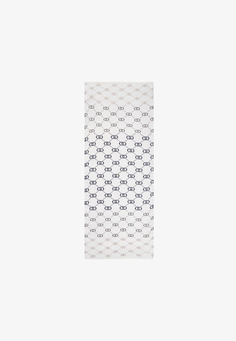 Tejido rectangular con una base blanca, que presenta un patrón repetido de formas ovaladas en azul oscuro y contornos punteados intercalados.