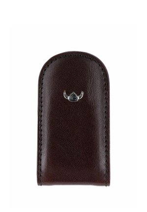 Dunkelbraune Leder-Brillenetui mit abgerundetem Oberteil und kleinem silbernem Wikingerhelm-Emblem mittig vorne.