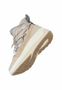 Beige High-Top-Sneaker mit strukturiertem Obermaterial, elastischen Schnürsenkeln, Gummisohle und Logotag. Verfügt über einen gepolsterten Kragen und geometrische Paneele.