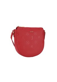 Borsa a tracolla rossa in pelle con motivi floreali e lettere stampati. Presenta hardware dorato e chiusura con zip. Forma rotonda con tracolla regolabile.