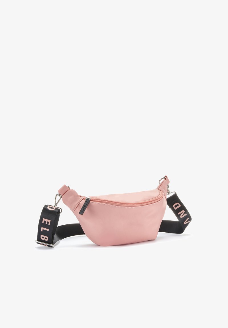 Pink leather fanny pack with a zip closure, curved shape, and a textured strap displaying "ELBAND" in bold black lettering.