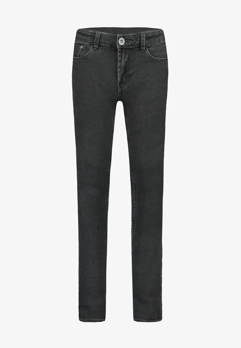 Jean slim noir en denim avec fermeture avant par bouton et zip, deux poches avant et passants pour ceinture, présenté à plat sur fond blanc.