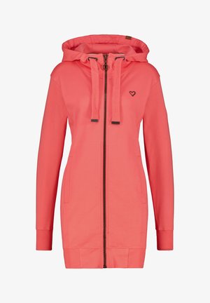 Koraal kleurige zip-up hoodie met hoge kraag, zwarte trekkoorden, zijzakken, ribgebreide manchetten en een klein hartlogo op de borst. Zachte stof.