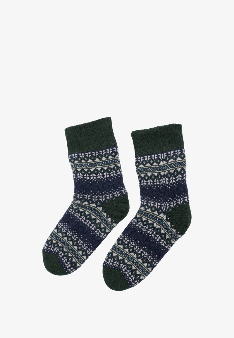 Calze verdi e blu a fantasia con polsini a costine; presentano motivi geometrici e floreali. Realizzate in un morbido materiale knit.