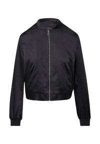 Giacca bomber nera in satin con colletto alto, zip frontale e due tasche laterali. Presenta polsini elasticizzati e un design accorciato.