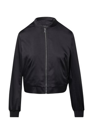 Schwarze Satin-Bomberjacke mit hohem Kragen, Frontreißverschluss und zwei seitlichen Taschen. Verfügt über elastische Bündchen und ein kurzes Design.