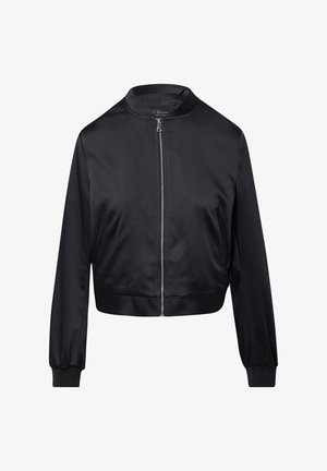 Black satin bomber jacket with a high collar, front zipper, and two side pockets. Features elastic cuffs and a cropped design.