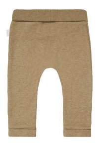 Beiga ribbade babyleggings med elastisk midja, smalnande ben och muddar. Mjuk textur med ett subtilt vävt mönster genomgående.