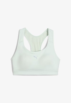 Light green sports bra with a racerback design and a small white logo on the front, suitable for athletic activities.