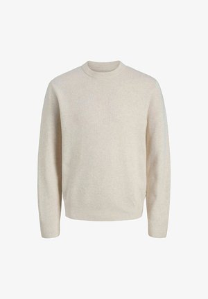 Beež kõrge kaelusega kampsun pikade varrukatega, koeteksuuriga ja veidi vabama lõikega. Lihtne disain ilma täiendavate mustrite või aktsente.