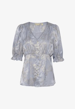 Blusa blu satinata in un tessuto morbido e lucente. Caratterizzata da scollo a V, maniche a palloncino, chiusura con bottoni e un motivo sottile con accenti metallici.