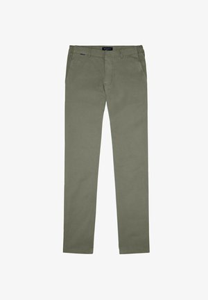 Chinos en coton kaki, design à jambes droites, devant plat, poches latérales et poches passepoilées à l'arrière, avec une texture lisse et une coupe classique.