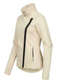 Krémová bunda s vysokým golierom, ktorá má čierny diagonálny zips, dve bočné vrecká a akcentové švy. Hladká textúra.