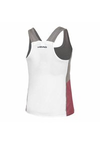 Weißes Tanktop mit grauen und burgunderfarbenen Einsätzen, Racerback-Design und Kontrastnähten. Logo "HEAD" auf dem oberen Rücken. Weicher, sportlicher Stoff.