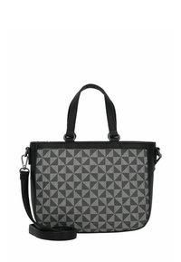 Sac à main noir et gris avec un motif géométrique, doté de doubles poignées et d'une bandoulière amovible. Fabriqué en matériau texturé.