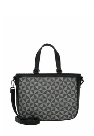 Sac à main noir et gris avec un motif géométrique, doté de doubles poignées et d'une bandoulière amovible. Fabriqué en matériau texturé.