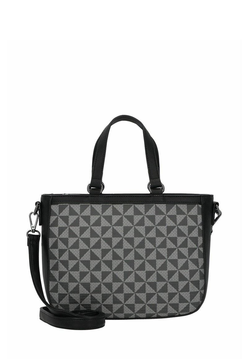 Black and gray handbag with geometric pattern, featuring dual handles and a detachable shoulder strap. Made of textured material.