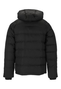 Doudoune noire avec capuche, présentant un design matelassé, un tissu texturé et des poignets élastiques. L'arrière montre une finition propre et sans couture.