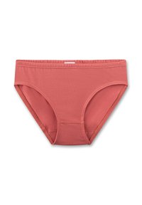 Baumwoll-Bikini-Unterwäsche in einem gedämpften Korallenton. Verfügt über einen weichen elastischen Bund und eine glatte Textur mit genähten Kanten.