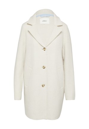 Manteau en mélange de laine blanche avec un col cranté, quatre grands boutons et des poches latérales ; il présente une finition douce et texturée.